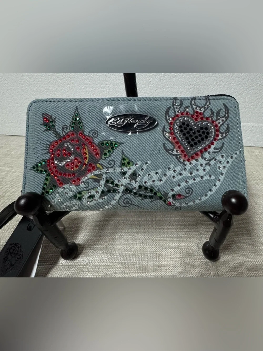 Ed Hardy Denim Wristlet Wallet with Red Rose and Heart Embellishment